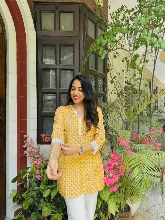 Cutie Cotton Kurti w/ Lace - Yellow