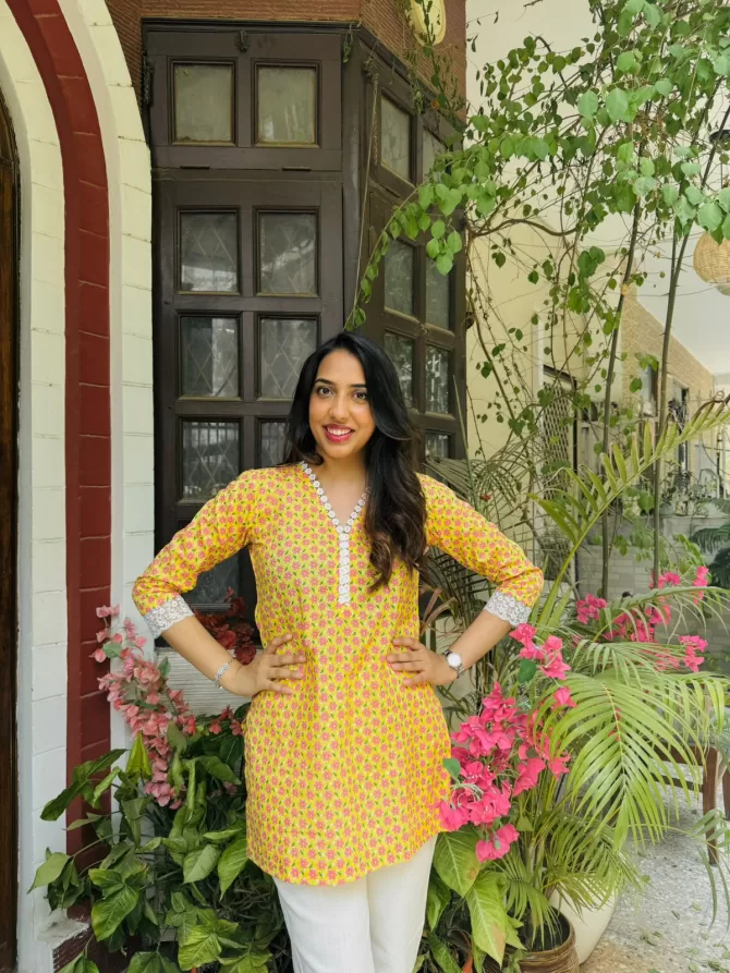 Cutie Cotton Kurti w/ Lace - Yellow