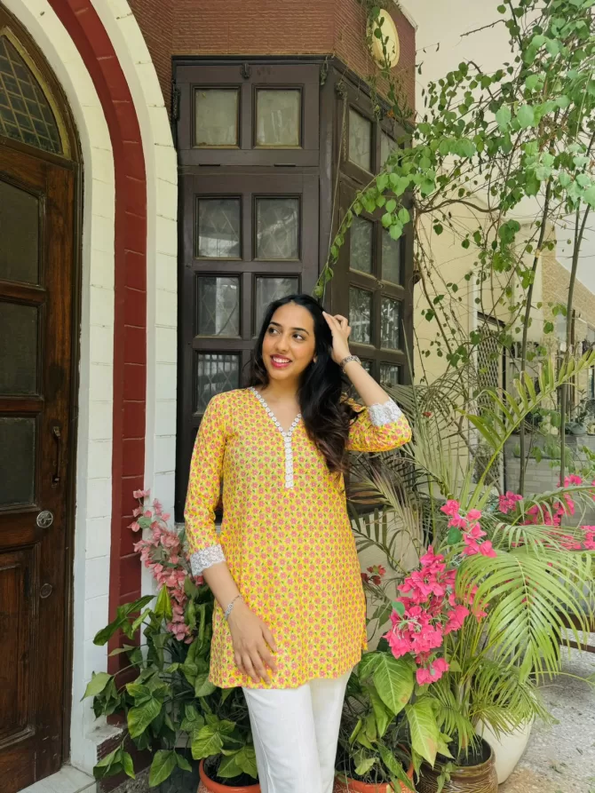 Cutie Cotton Kurti w/ Lace - Yellow