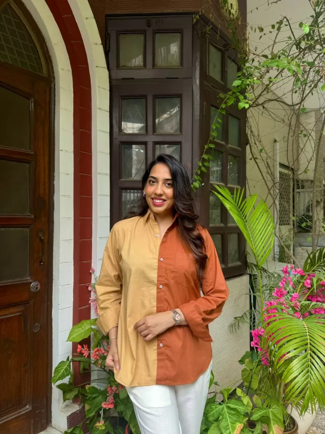 Halfsies Cotton Shirt - Brown