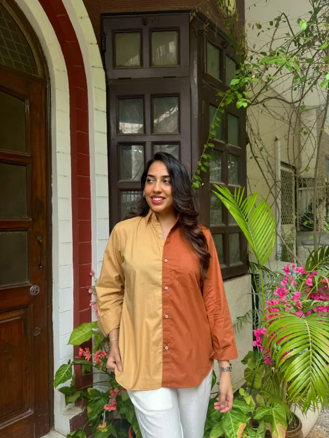 Halfsies Cotton Shirt - Brown