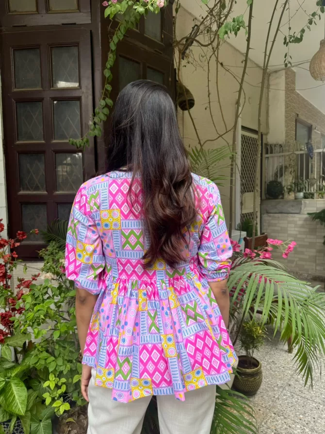 Patchwork Peplum Top (Premium Fabric) - Pink