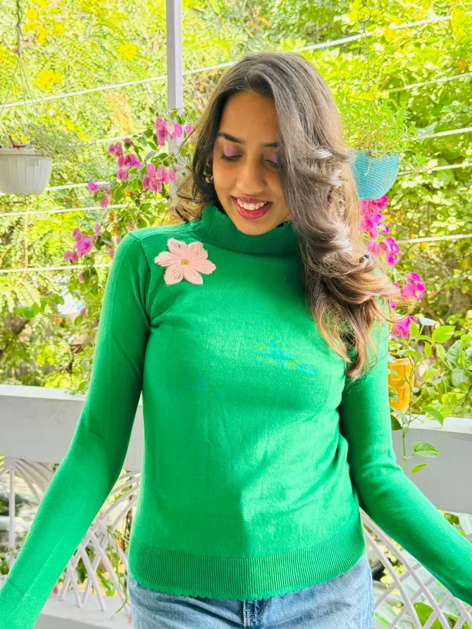 Flower Power Sweater (Free Size) - Dark Green
