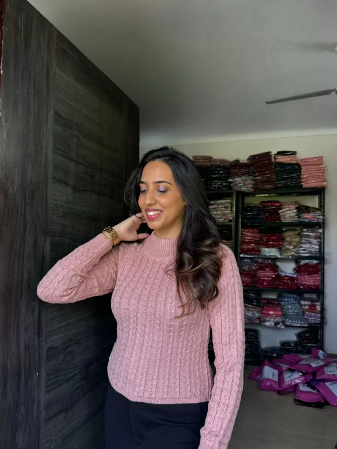 Dusky Pink Cable Knit Sweater (Free Size)