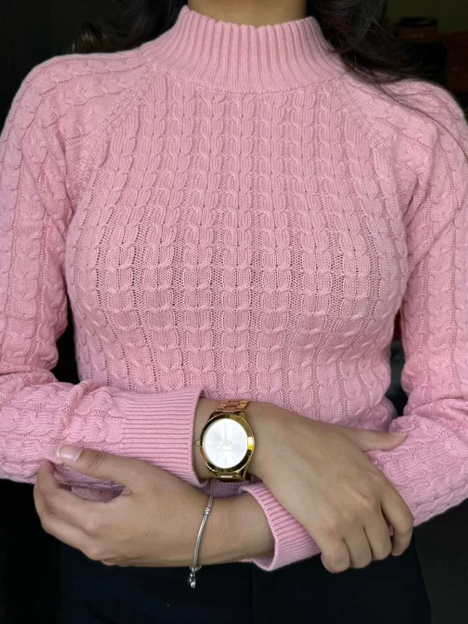 Bright Pink Cable Knit Sweater (Free Size)