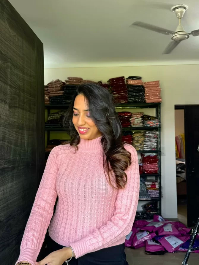 Bright Pink Cable Knit Sweater (Free Size)