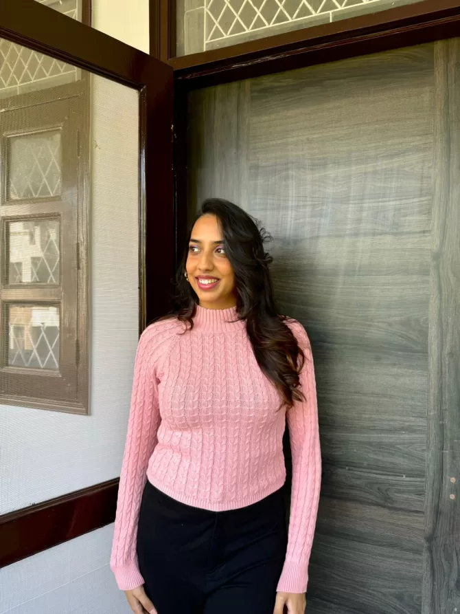 Bright Pink Cable Knit Sweater (Free Size)