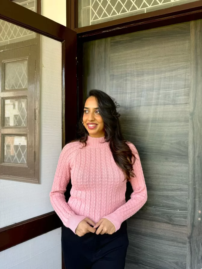 Bright Pink Cable Knit Sweater (Free Size)
