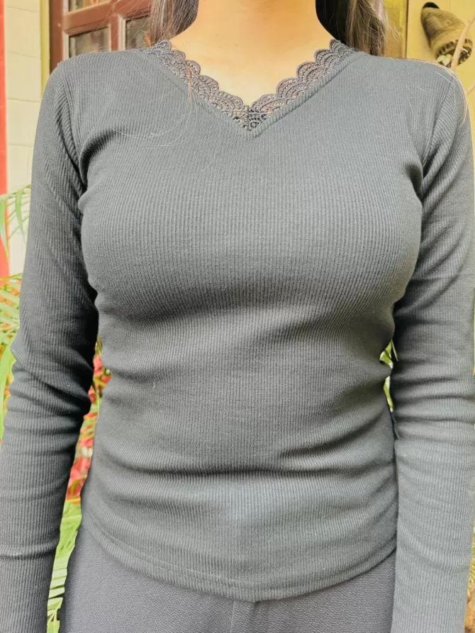 Lace Cotton Ribbed Top - Black