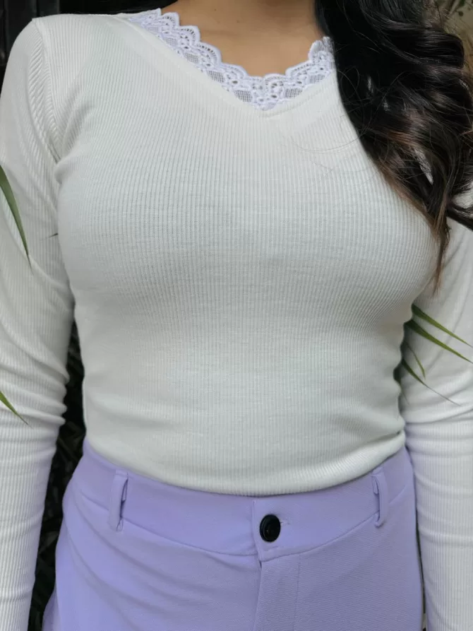 Lace Cotton Ribbed Top - White
