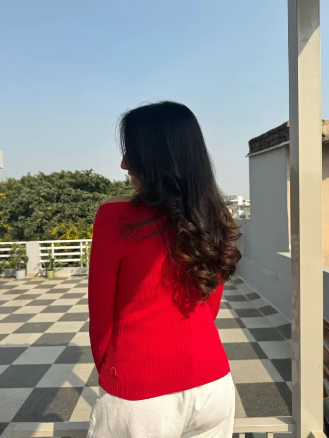 Red Cut Work Ribbed Turtleneck (Free Size)