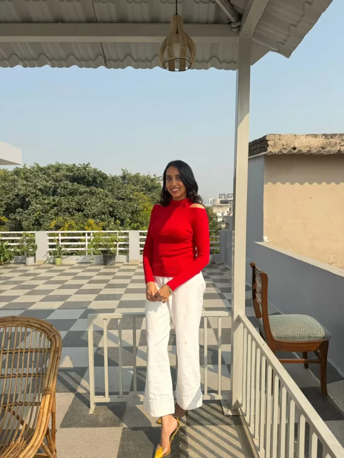 Red Cut Work Ribbed Turtleneck (Free Size)