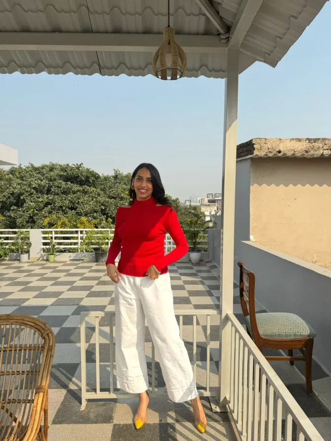 Red Cut Work Ribbed Turtleneck (Free Size)