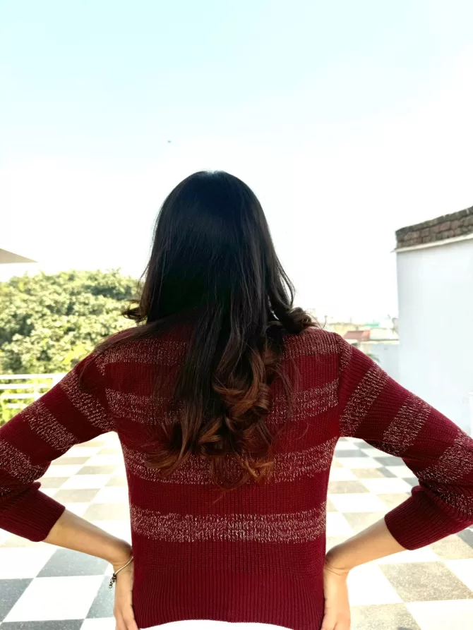 Solid Shimmer Sweater (Free Size)- Wine