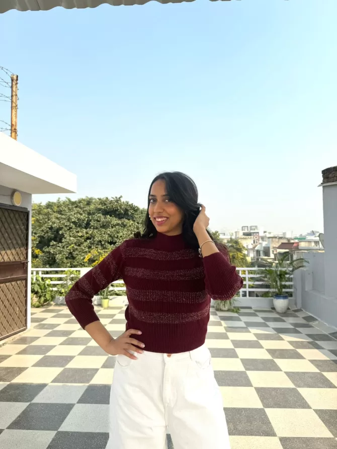 Solid Shimmer Sweater (Free Size)- Wine