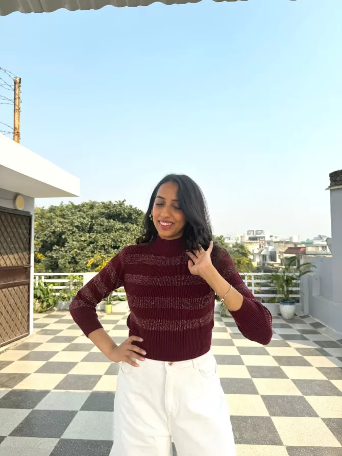 Solid Shimmer Sweater (Free Size)- Wine