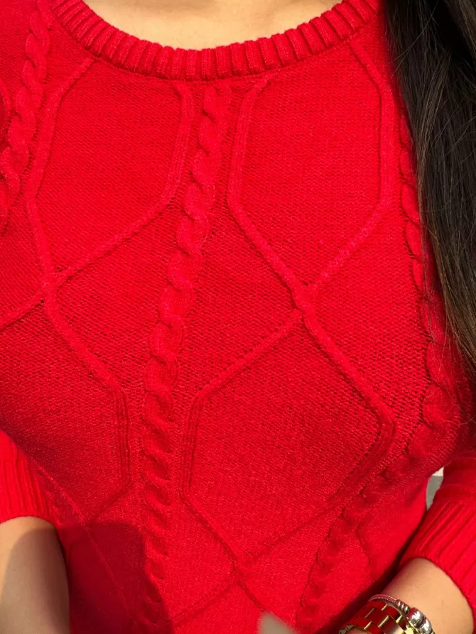 Crew Neck Sweater Dress- Red (Free Size)
