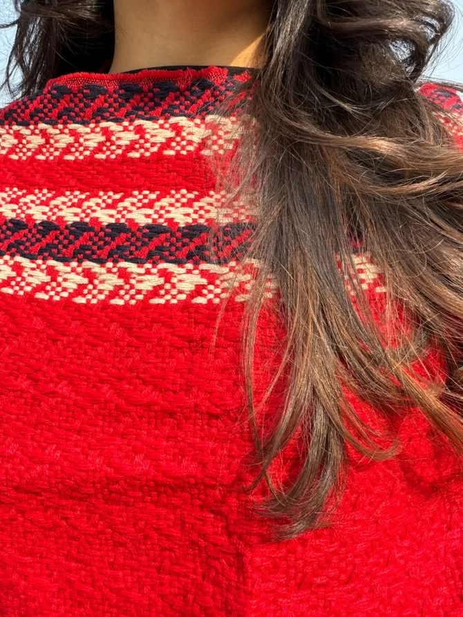 Tartan Woollen Poncho - Red (Free Size)