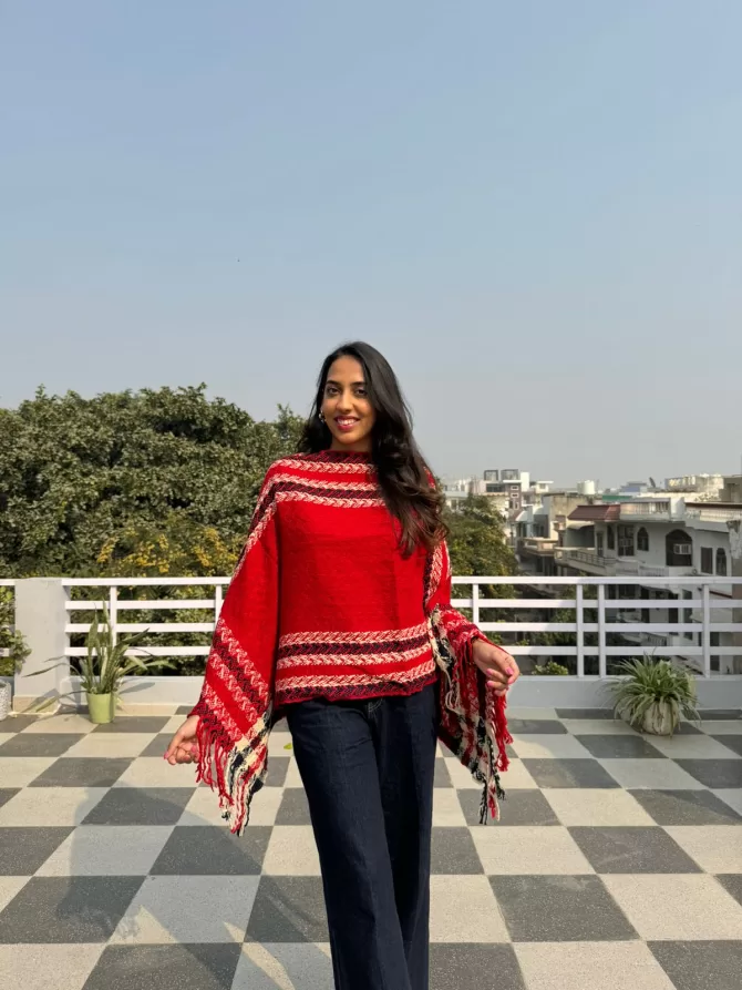 Tartan Woollen Poncho - Red (Free Size)