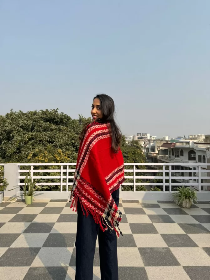 Tartan Woollen Poncho - Red (Free Size)