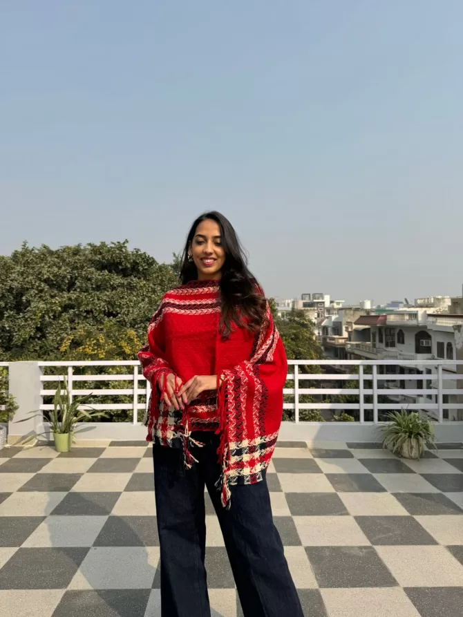 Tartan Woollen Poncho - Red (Free Size)