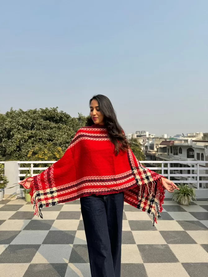 Tartan Woollen Poncho - Red (Free Size)