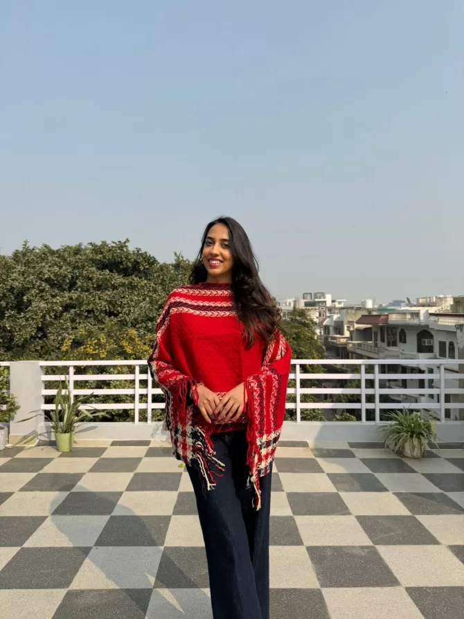 Tartan Woollen Poncho - Red (Free Size)