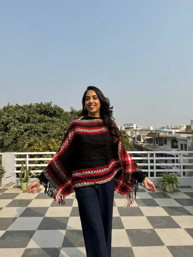 Tassels Woollen Poncho - Black (Free Size)