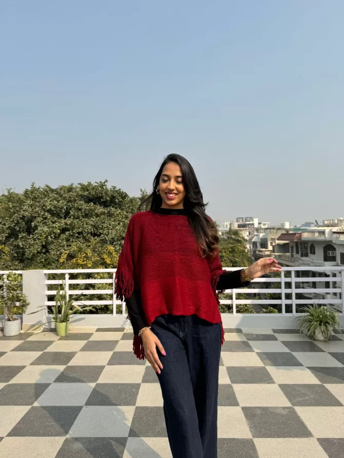 Ombre Woollen Poncho - Red (Free Size)