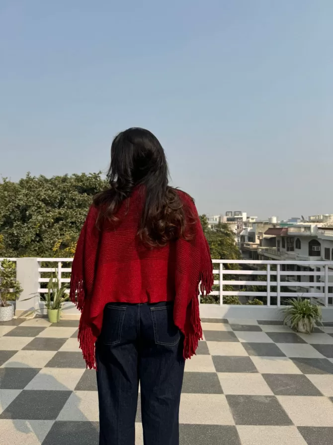 Ombre Woollen Poncho - Red (Free Size)
