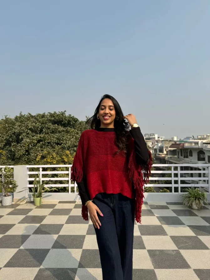 Ombre Woollen Poncho - Red (Free Size)