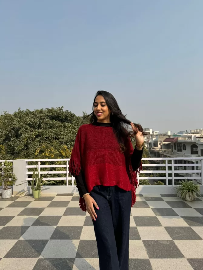Ombre Woollen Poncho - Red (Free Size)