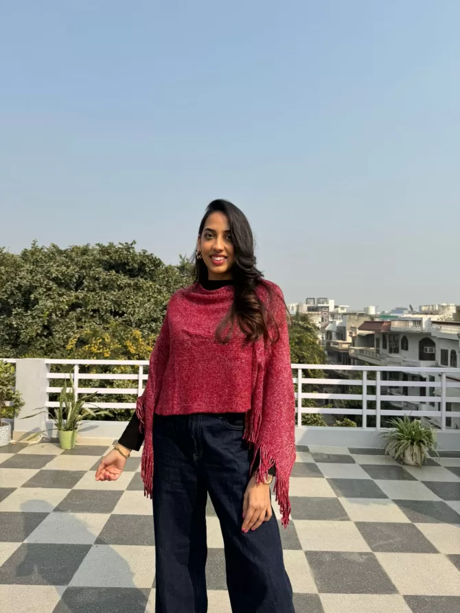 Shimmer Woollen Poncho - Red (Free Size)