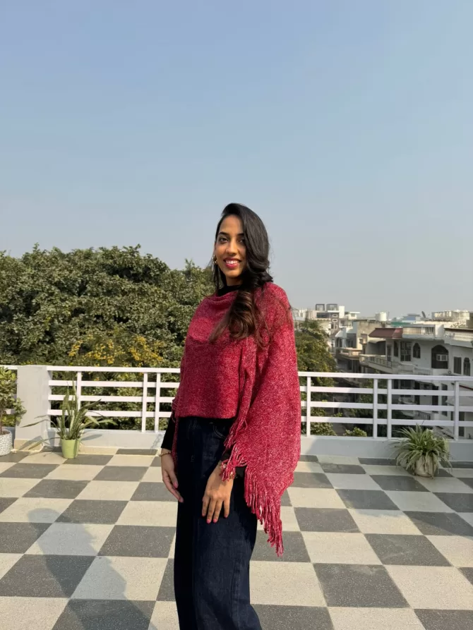 Shimmer Woollen Poncho - Red (Free Size)