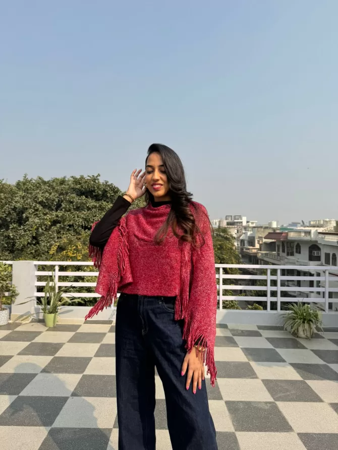 Shimmer Woollen Poncho - Red (Free Size)