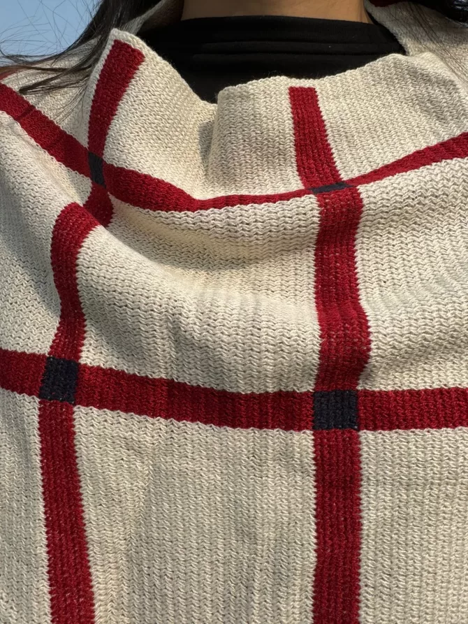 Checkered Woollen Poncho - Red/white (Free Size)