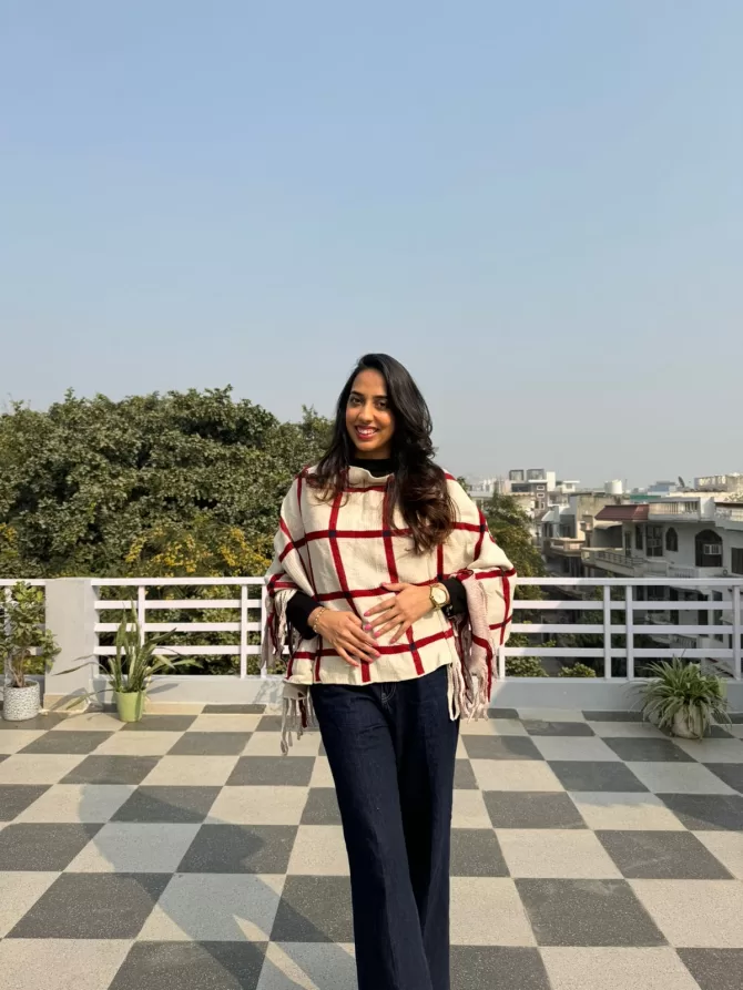 Checkered Woollen Poncho - Red/white (Free Size)