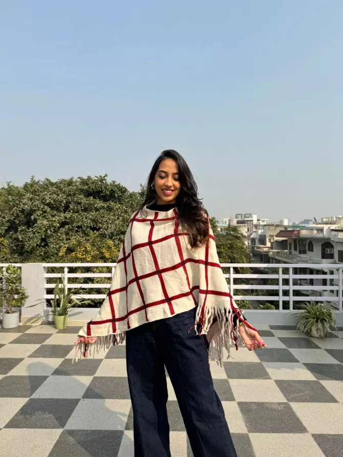 Checkered Woollen Poncho - Red/white (Free Size)