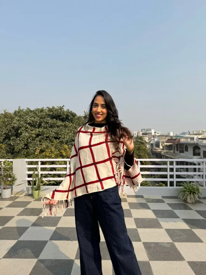 Checkered Woollen Poncho - Red/white (Free Size)