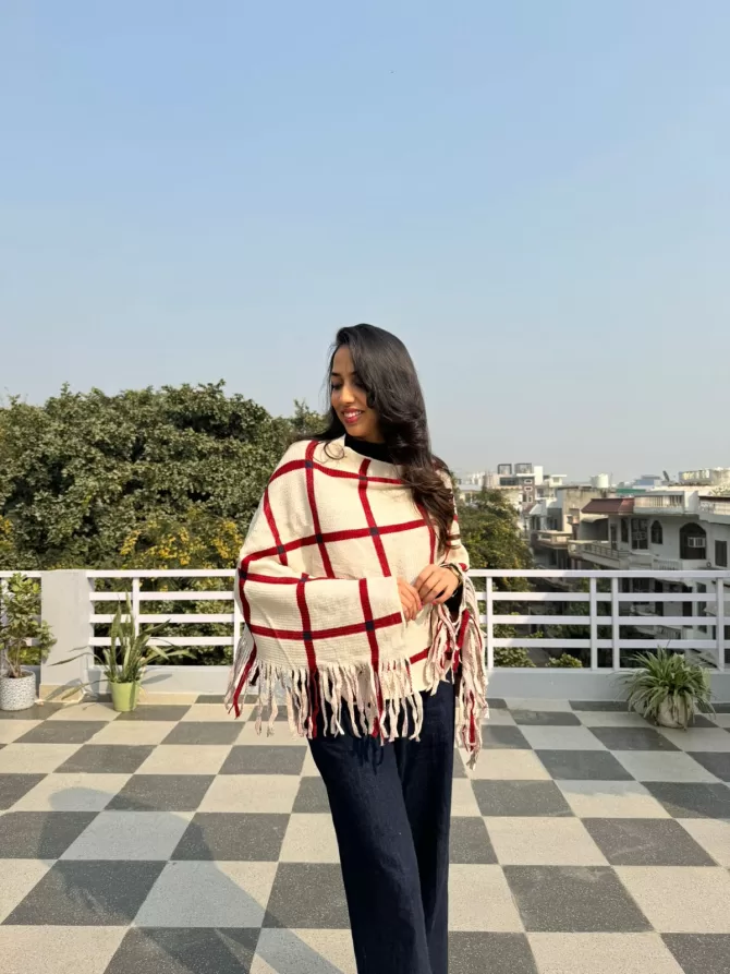 Checkered Woollen Poncho - Red/white (Free Size)