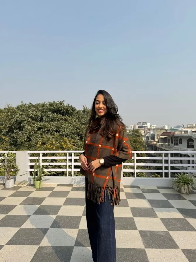 Checkered Woollen Poncho - Brown (Free Size)