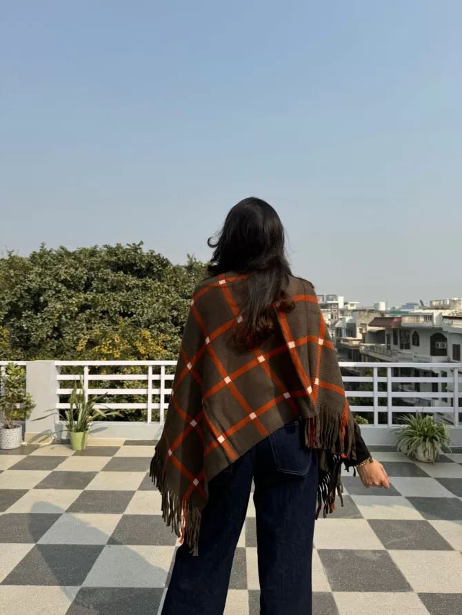 Checkered Woollen Poncho - Brown (Free Size)