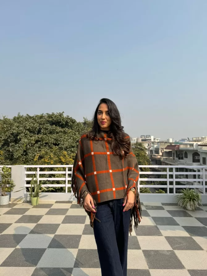 Checkered Woollen Poncho - Brown (Free Size)