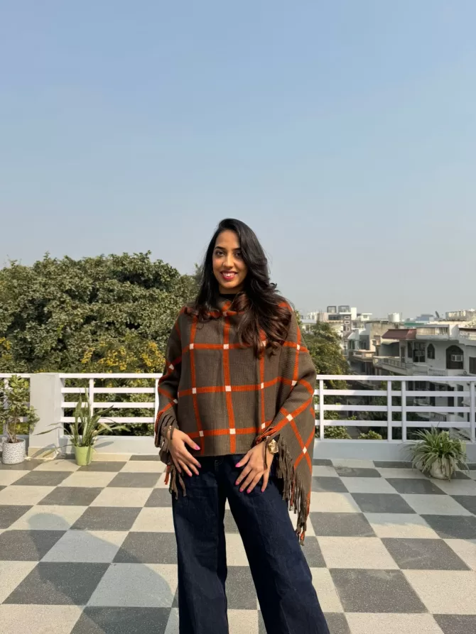 Checkered Woollen Poncho - Brown (Free Size)