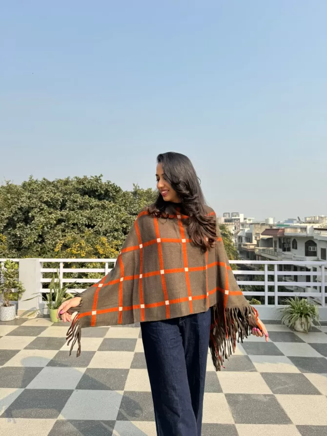 Checkered Woollen Poncho - Brown (Free Size)