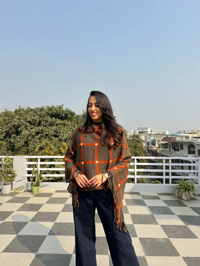 Checkered Woollen Poncho - Brown (Free Size)