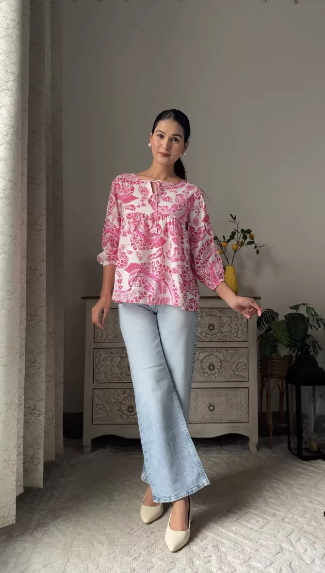 Pretty In Pleats Floral Top - Pink (Premium Fabric)
