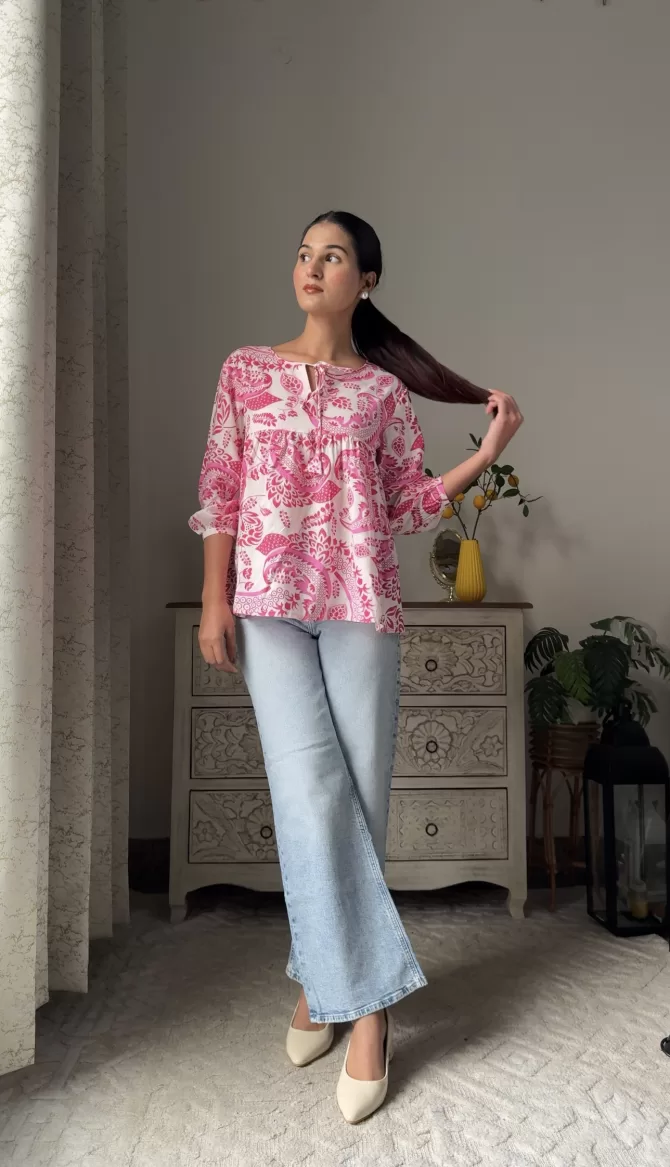 Pretty In Pleats Floral Top - Pink (Premium Fabric)