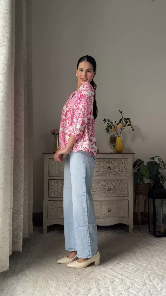 Pretty In Pleats Floral Top - Pink (Premium Fabric)