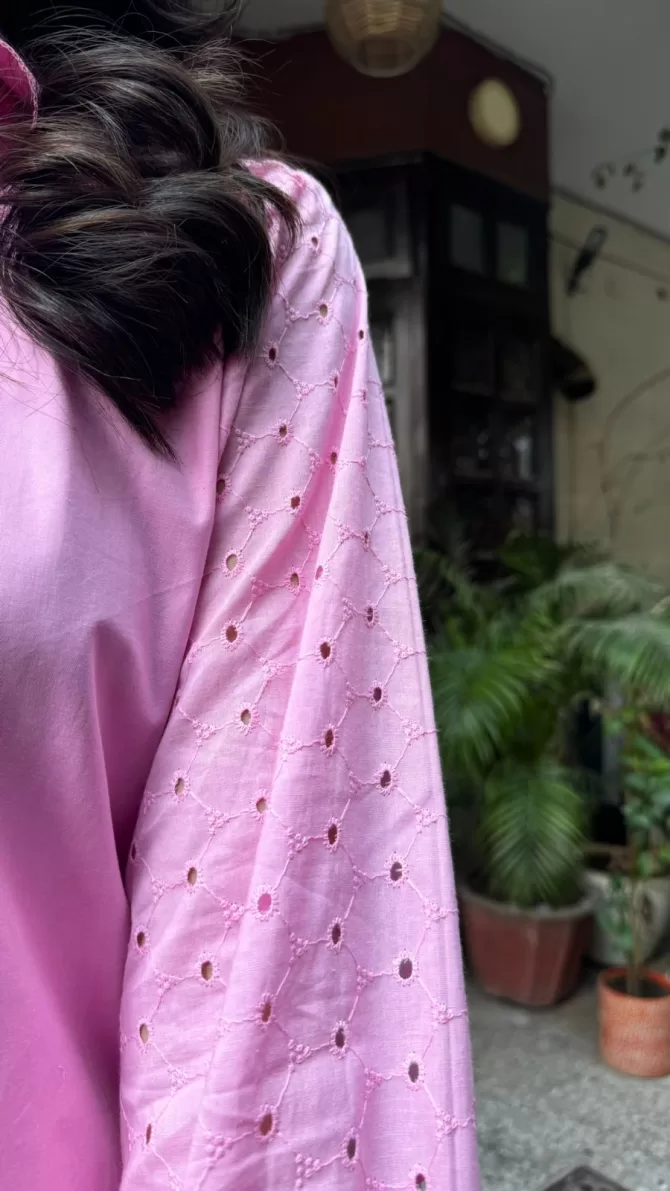Schiffli Sleeves Shirt (Premium Fabric) - Pink